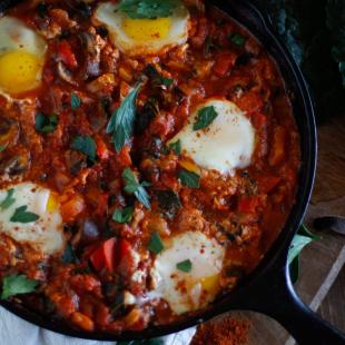 One-Skillet Kale Tomato Egg Bake