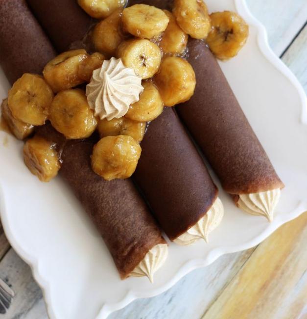 Gluten-free Chocolate Crepes w/ caramelized bananas and peanut butter drizzle